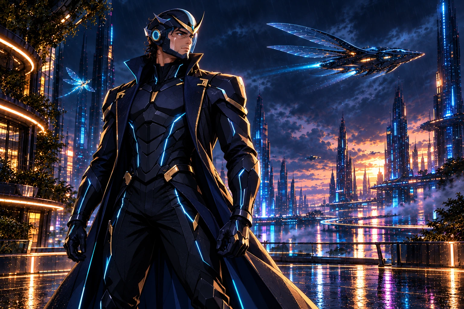 Illustrative helmeted Lexx visual persona with the winged ship and dragonfly motif