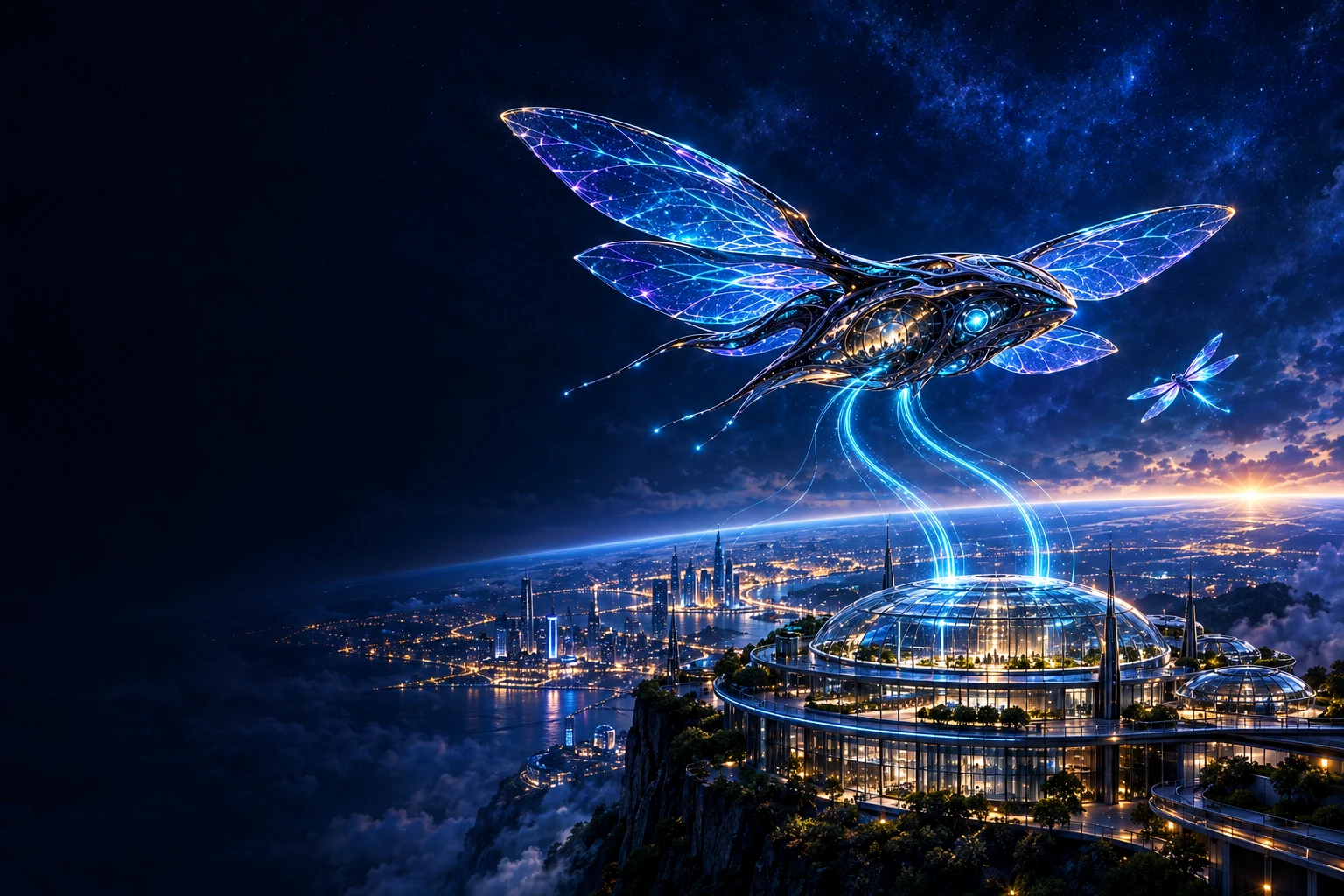 Winged Lexx ship and a luminous dragonfly above a connected city